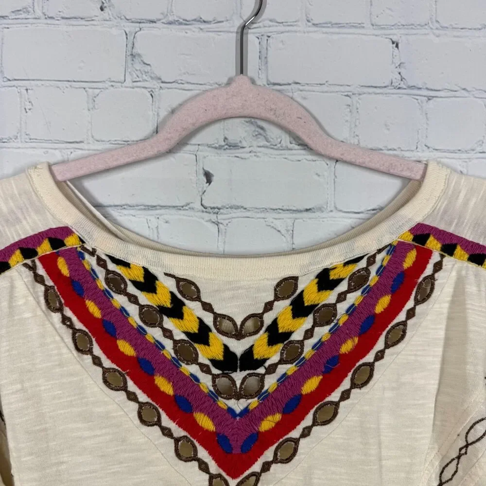 Free People Blouse Womens Small Ivory Embroidered Boho Balloon Sleeve Crop Top